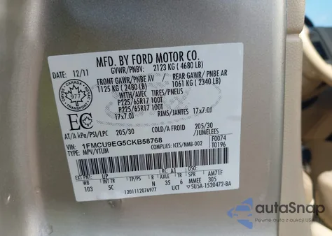 2012 Ford Escape Limited z USA, uszkodzony, nr VIN 1FMCU9EG5CKB58768